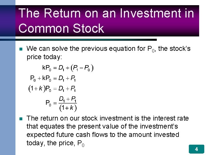 The Return on an Investment in Common Stock n We can solve the previous