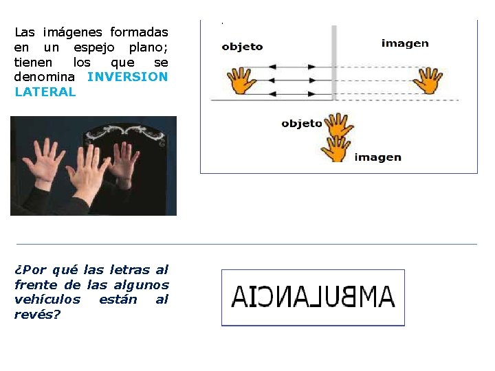 Las imágenes formadas en un espejo plano; tienen los que se denomina INVERSION LATERAL