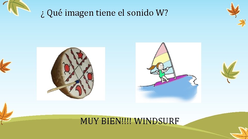 ¿ Qué imagen tiene el sonido W? MUY BIEN!!!! WINDSURF 