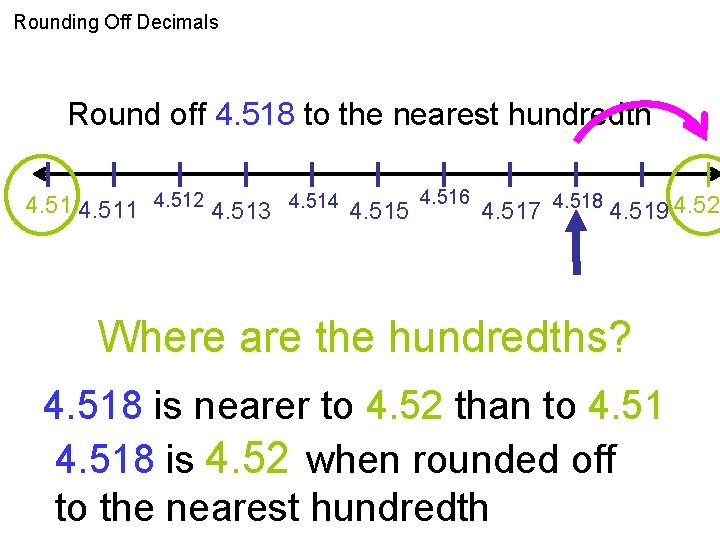 Rounding Off Decimals Round off 4. 518 to the nearest hundredth 4. 511 4.