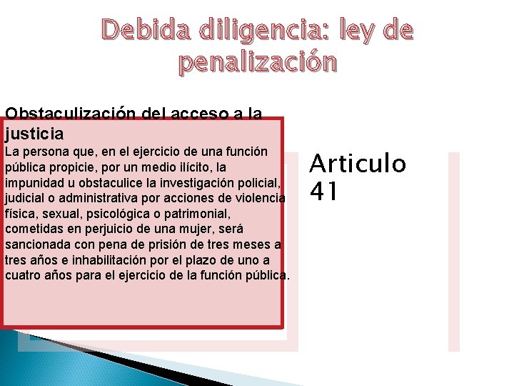 Debida diligencia: ley de penalización Obstaculización del acceso a la justicia La persona que,