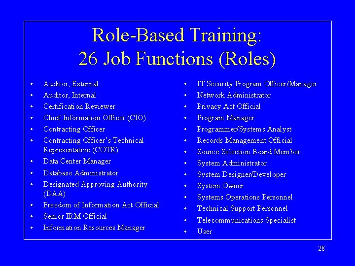 Role-Based Training: 26 Job Functions (Roles) • • • Auditor, External Auditor, Internal Certification