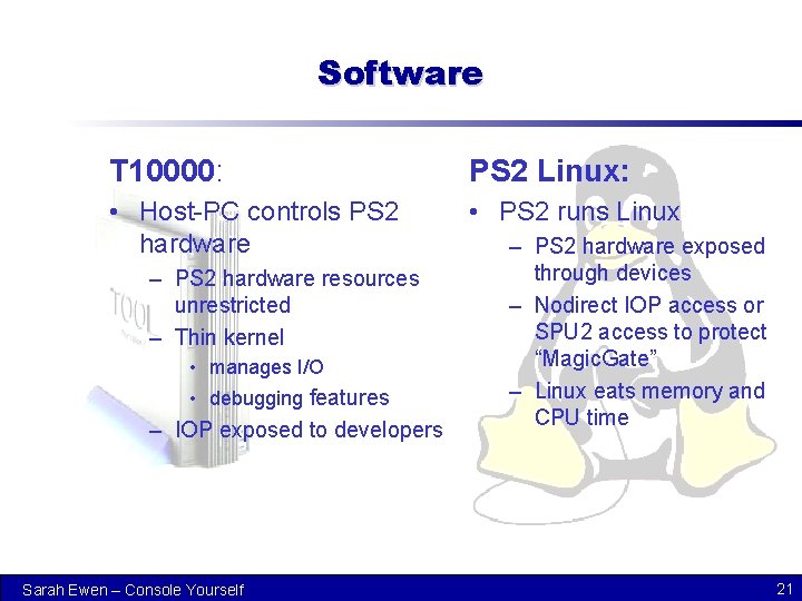 Software T 10000: PS 2 Linux: • Host-PC controls PS 2 hardware • PS
