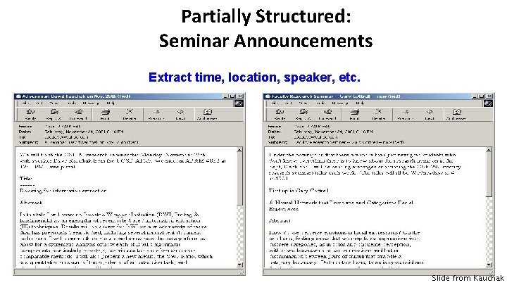 Partially Structured: Seminar Announcements Extract time, location, speaker, etc. Slide from Kauchak 