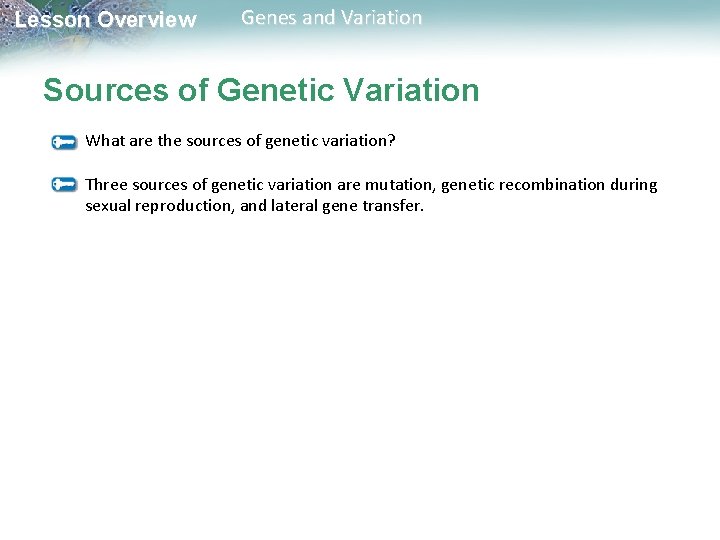 Lesson Overview Genes and Variation Sources of Genetic Variation What are the sources of