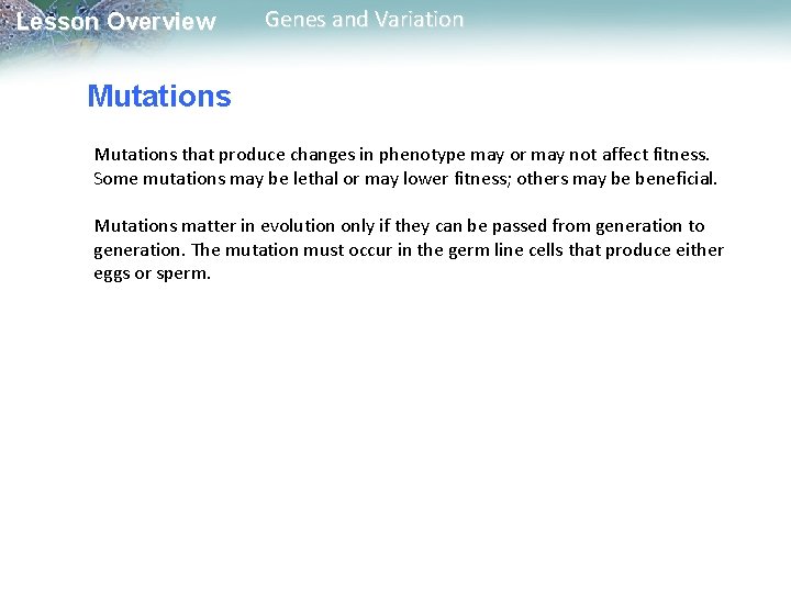 Lesson Overview Genes and Variation Mutations that produce changes in phenotype may or may