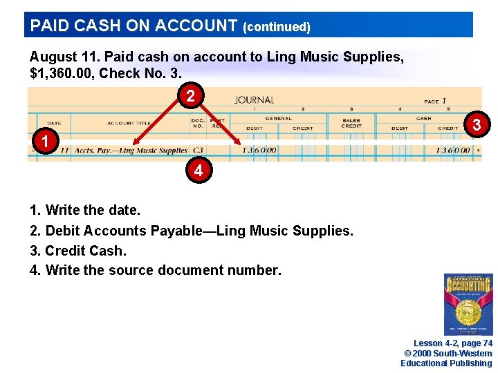 PAID CASH ON ACCOUNT (continued) August 11. Paid cash on account to Ling Music