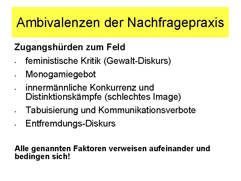 Ambivalenzen der Nachfragepraxis Zugangshürden zum Feld • feministische Kritik (Gewalt Diskurs) • Monogamiegebot •