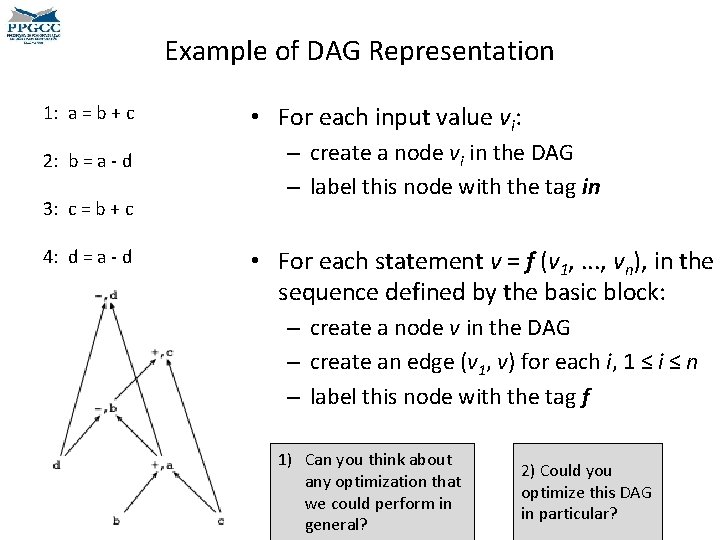 Example of DAG Representation 1: a = b + c 2: b = a