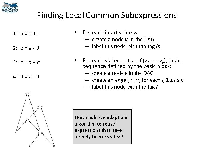 Finding Local Common Subexpressions 1: a = b + c 2: b = a