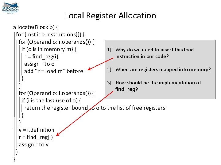 Local Register Allocation allocate(Block b) { for (Inst i: b. instructions()) { for (Operand