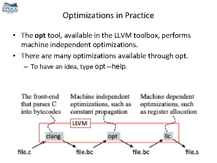 Optimizations in Practice • The opt tool, available in the LLVM toolbox, performs machine