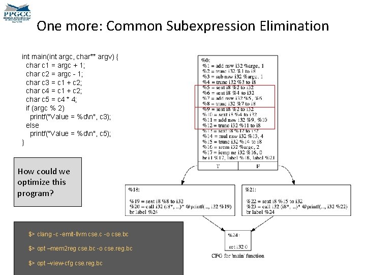 One more: Common Subexpression Elimination int main(int argc, char** argv) { char c 1