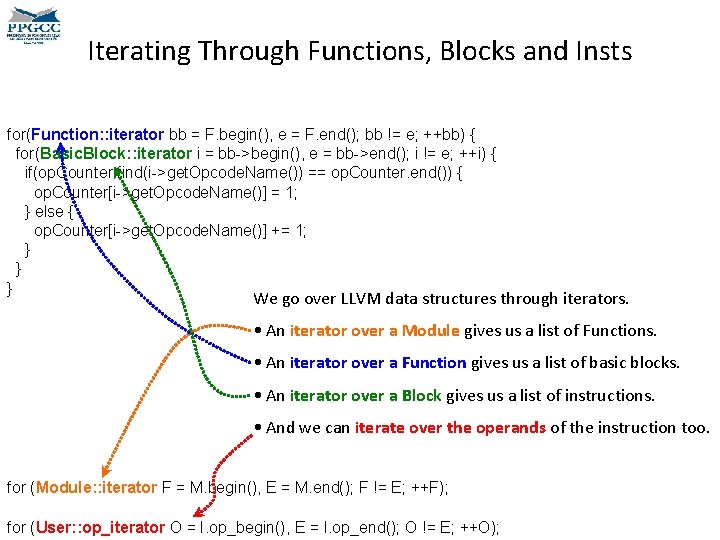 Iterating Through Functions, Blocks and Insts for(Function: : iterator bb = F. begin(), e