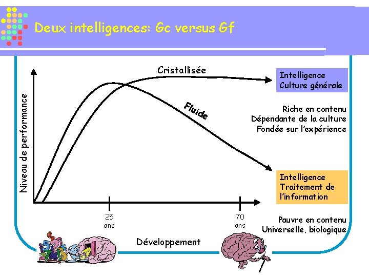 Deux intelligences: Gc versus Gf Niveau de performance Cristallisée Intelligence Culture générale Flu Riche