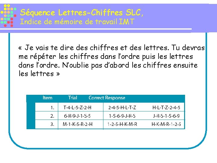 Séquence Lettres-Chiffres SLC, Indice de mémoire de travail IMT « Je vais te dire