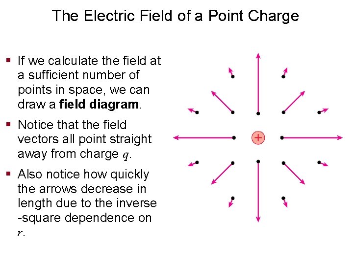 The Electric Field of a Point Charge § If we calculate the field at
