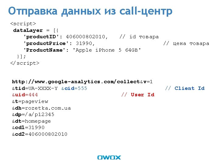 Отправка данных из call-центр <script> data. Layer = [{ 'product. ID': 406000802010, // id