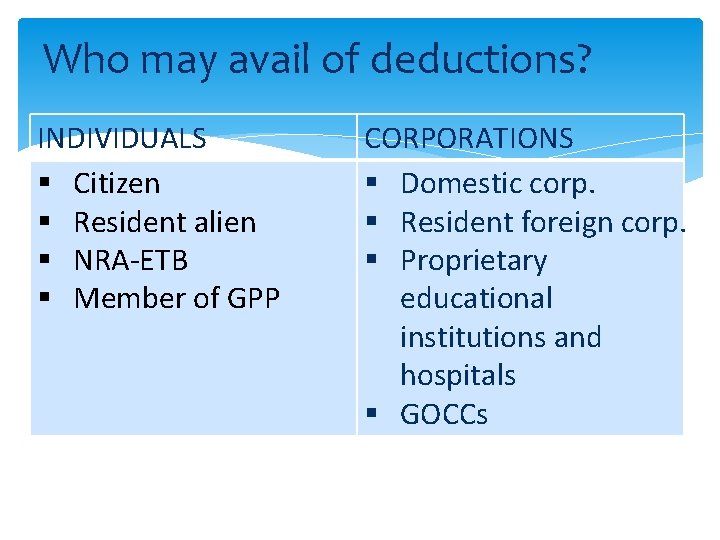 Who may avail of deductions? INDIVIDUALS § Citizen § Resident alien § NRA-ETB §