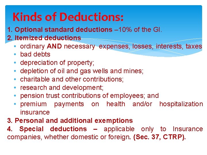 Kinds of Deductions: 1. Optional standard deductions – 10% of the GI. 2. Itemized