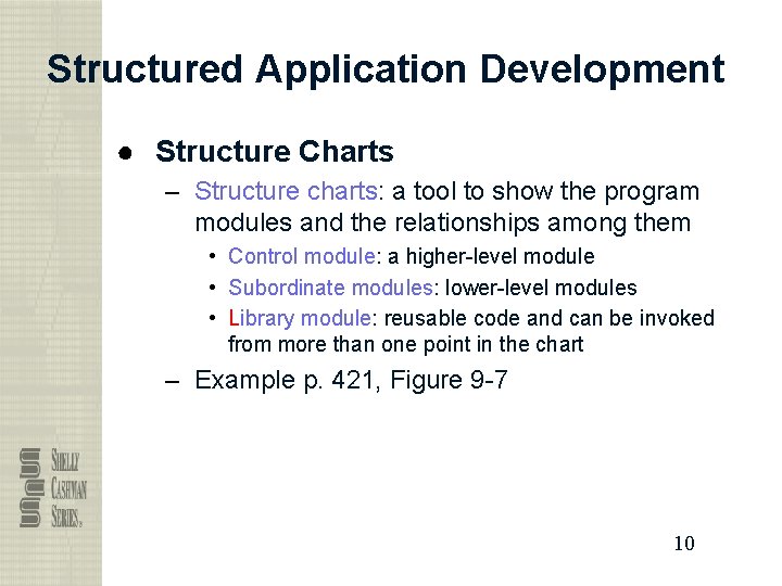 Structured Application Development ● Structure Charts – Structure charts: a tool to show the