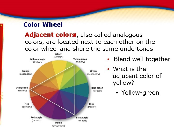 Color Wheel Adjacent colors. X, also called analogous colors, are located next to each Color Wheel Adjacent colors. X, also called analogous colors, are located next to each