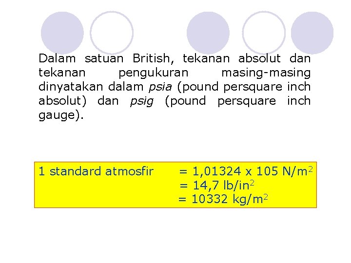 Dalam satuan British, tekanan absolut dan tekanan pengukuran masing-masing dinyatakan dalam psia (pound persquare