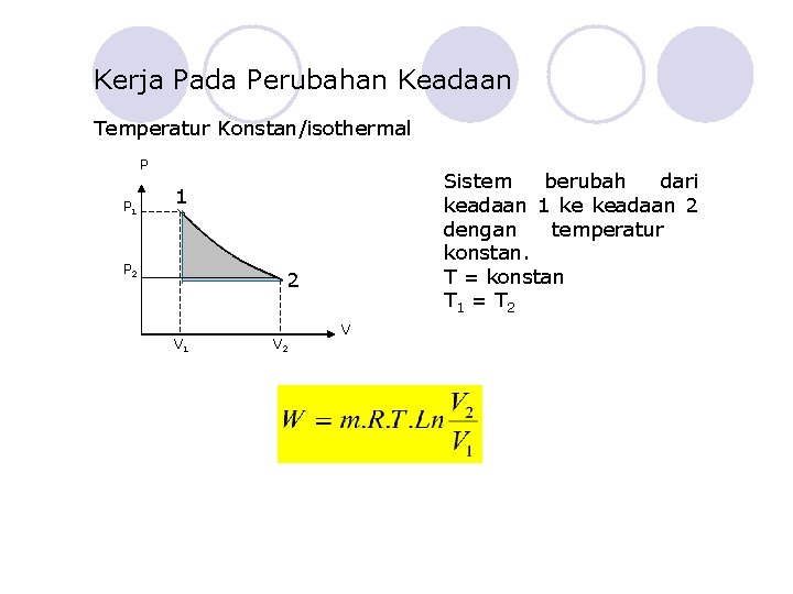 Kerja Pada Perubahan Keadaan Temperatur Konstan/isothermal P P 1 Sistem berubah dari keadaan 1