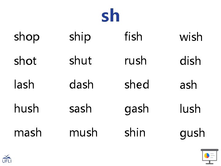 sh shop ship fish wish shot shut rush dish lash dash shed ash hush