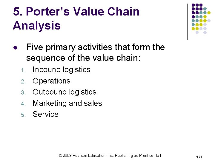 5. Porter’s Value Chain Analysis Five primary activities that form the sequence of the