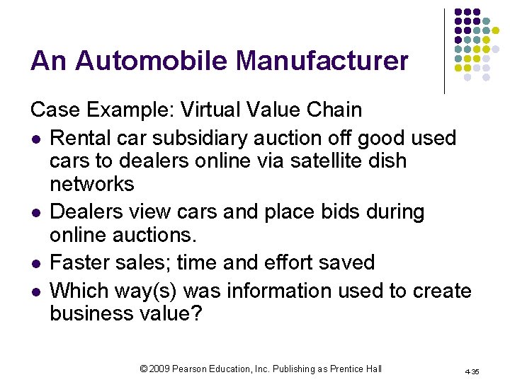 An Automobile Manufacturer Case Example: Virtual Value Chain l Rental car subsidiary auction off