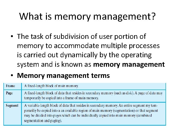 What is memory management? • The task of subdivision of user portion of memory What is memory management? • The task of subdivision of user portion of memory