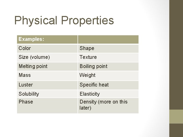 Physical Properties Examples: Color Shape Size (volume) Texture Melting point Boiling point Mass Weight