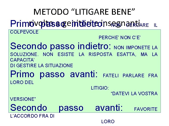 METODO “LITIGARE BENE” rivolto a genitori e insegnanti Primo passo indietro: NON CERCARE IL METODO “LITIGARE BENE” rivolto a genitori e insegnanti Primo passo indietro: NON CERCARE IL