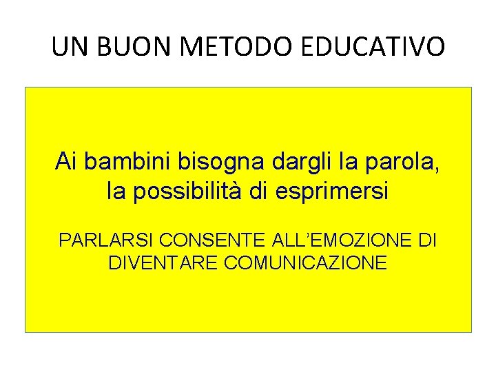 UN BUON METODO EDUCATIVO Ai bambini bisogna dargli la parola, la possibilità di esprimersi