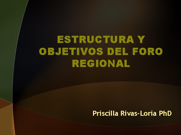 ESTRUCTURA Y OBJETIVOS DEL FORO REGIONAL Priscilla Rivas-Loria Ph. D 