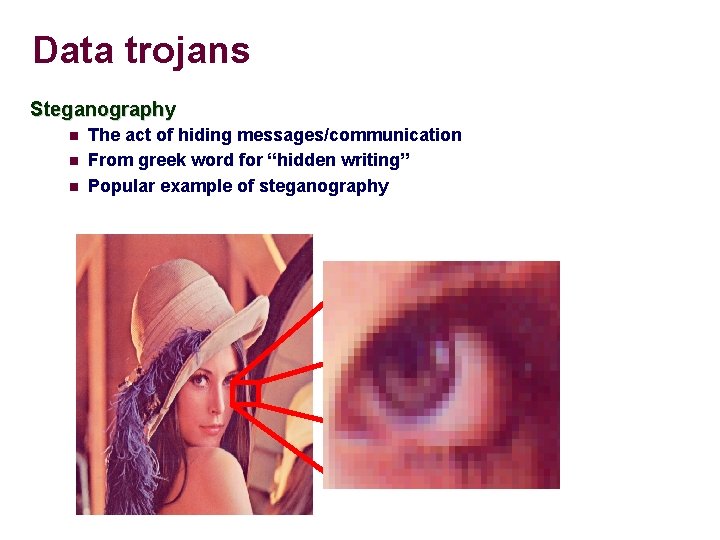 Data trojans Steganography The act of hiding messages/communication From greek word for “hidden writing”