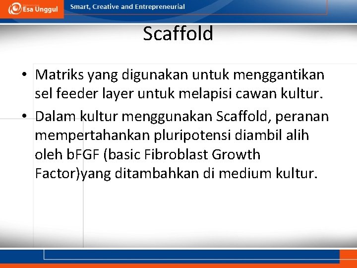 Scaffold • Matriks yang digunakan untuk menggantikan sel feeder layer untuk melapisi cawan kultur.