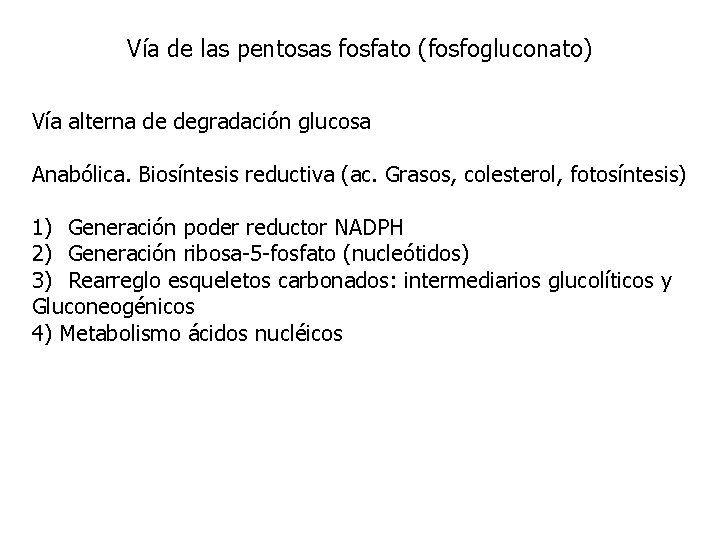 Vía de las pentosas fosfato (fosfogluconato) Vía alterna de degradación glucosa Anabólica. Biosíntesis reductiva