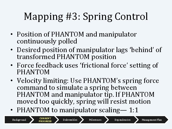 Mapping #3: Spring Control • Position of PHANTOM and manipulator continuously polled • Desired