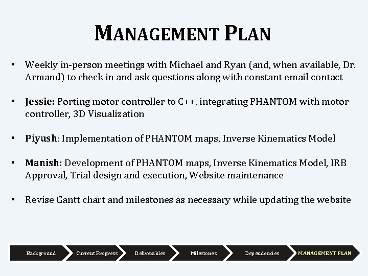 MANAGEMENT PLAN • Weekly in-person meetings with Michael and Ryan (and, when available, Dr.