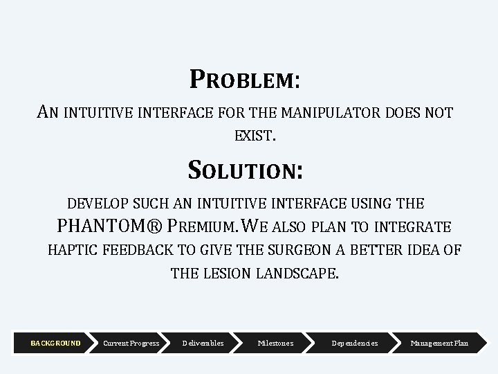 PROBLEM: AN INTUITIVE INTERFACE FOR THE MANIPULATOR DOES NOT EXIST. SOLUTION: DEVELOP SUCH AN