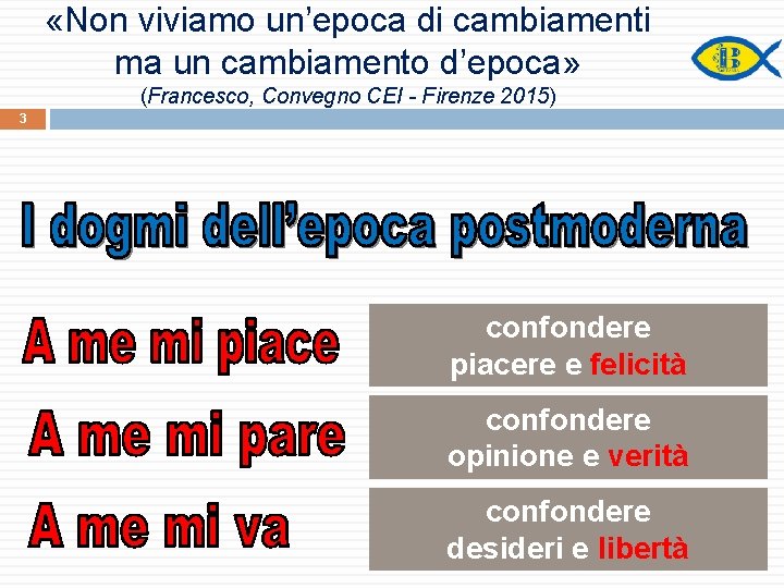  «Non viviamo un’epoca di cambiamenti ma un cambiamento d’epoca» (Francesco, Convegno CEI -