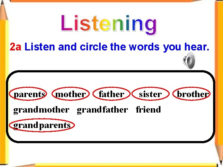 2 a Listen and circle the words you hear. parents mother father sister grandmother