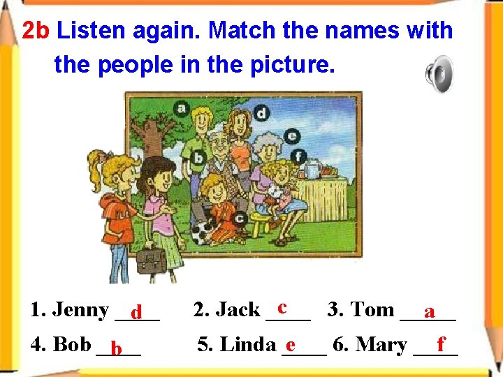 2 b Listen again. Match the names with the people in the picture. 1.