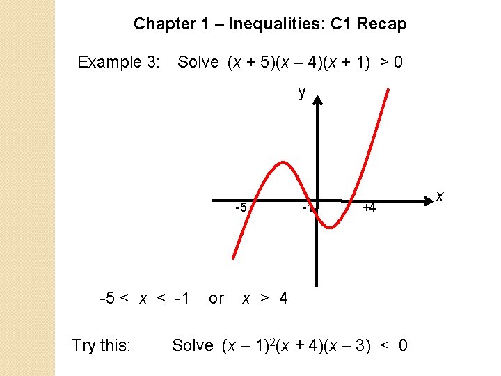 Chapter 1 – Inequalities: C 1 Recap Example 3: Solve (x + 5)(x – Chapter 1 – Inequalities: C 1 Recap Example 3: Solve (x + 5)(x –