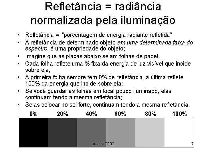 Refletância = radiância normalizada pela iluminação • Refletância = “porcentagem de energia radiante refletida”