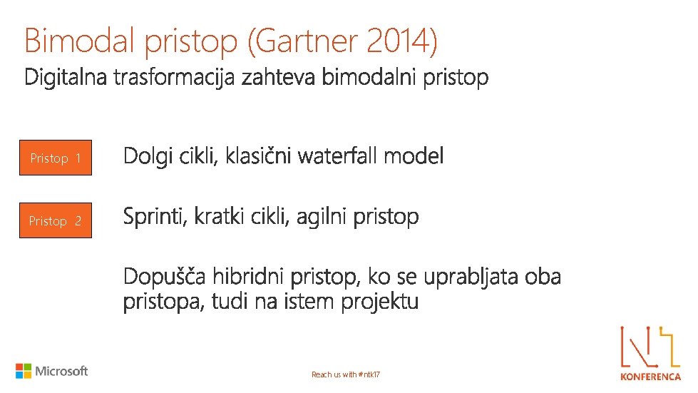 Bimodal pristop (Gartner 2014) Pristop 1 Pristop 2 Reach us with #ntk 17 
