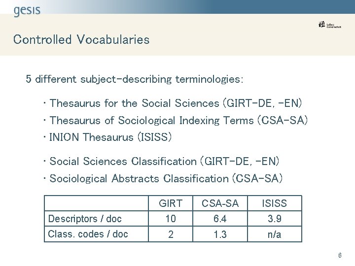 Controlled Vocabularies 5 different subject-describing terminologies: • Thesaurus for the Social Sciences (GIRT-DE, -EN)