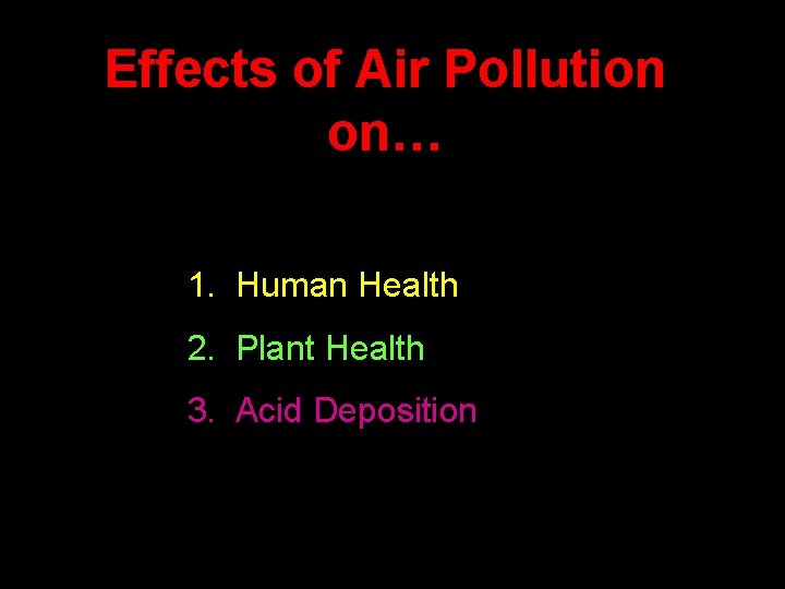 Effects of Air Pollution on… 1. Human Health 2. Plant Health 3. Acid Deposition